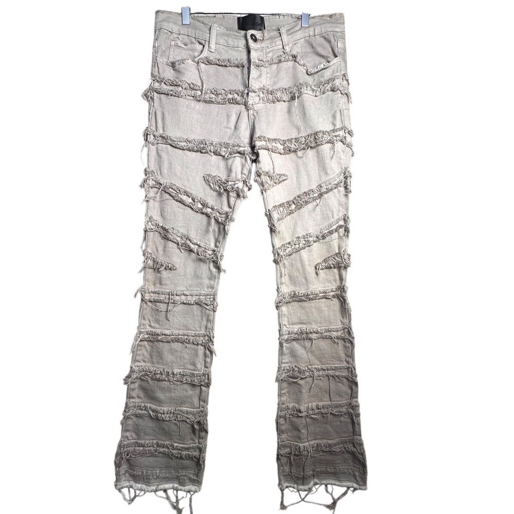Valabasas Stacked Distressed Panel Jeans 32 Tan Frayed Flare Y2K